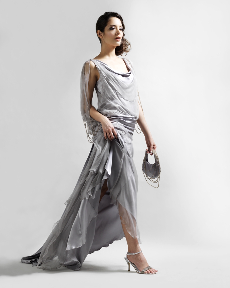 Custom made couture designer silk evening gown