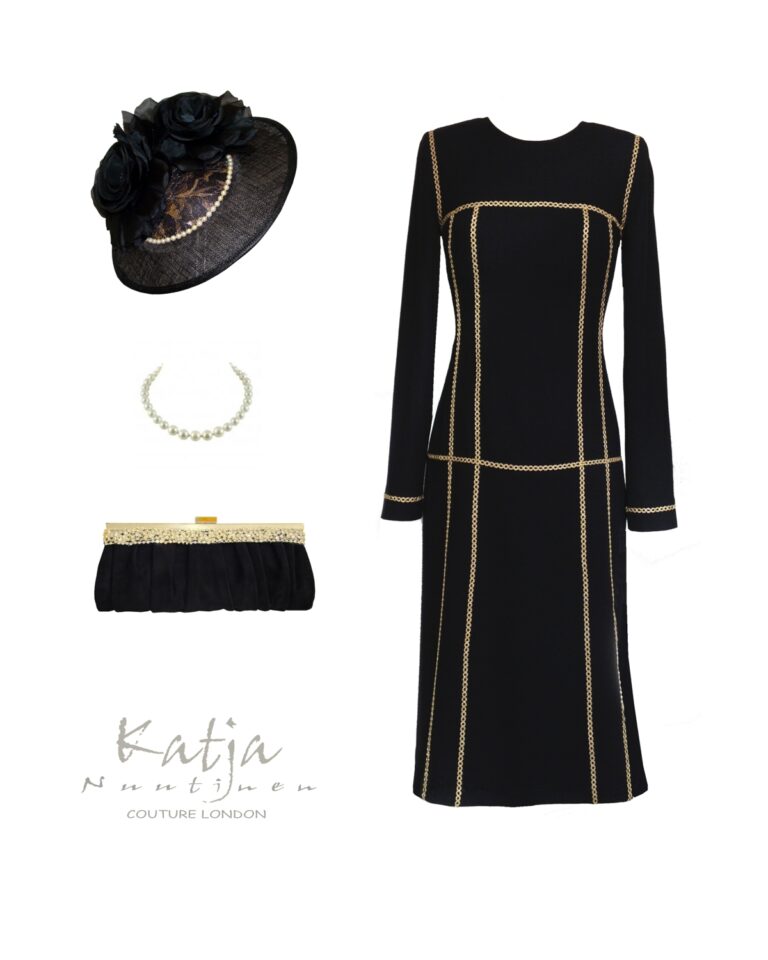 Couture outfit - Black wool dress with gold trim, cocktail hat and suede clutch bag
