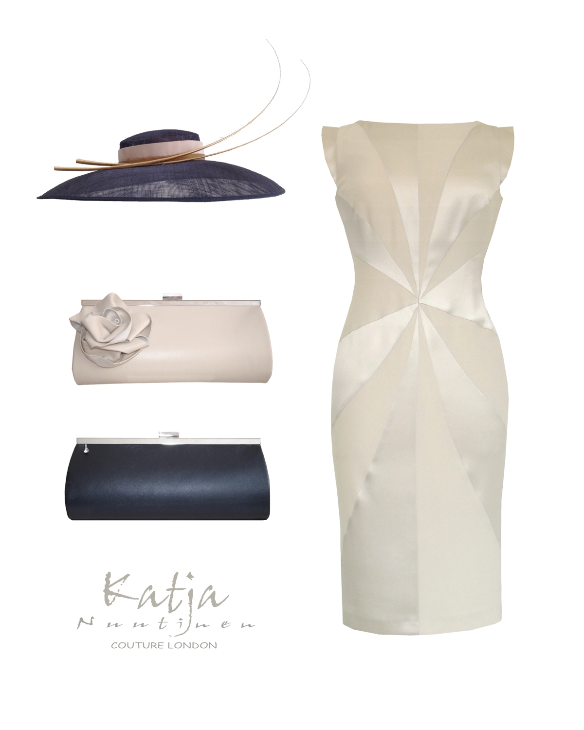 Designer outfit - Cream silk dress, grey hat with quills, nude and grey clutch bag